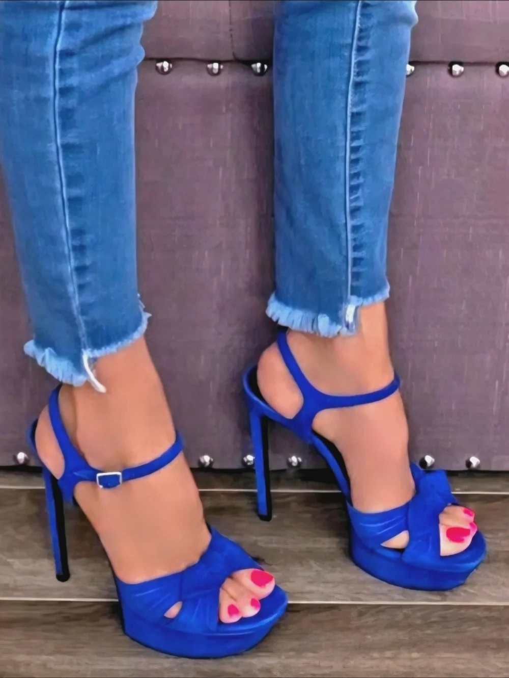 YSL Saint Laurent Blue Suede Platform Stiletto Ankle Strap Heels EU 38.5 / US 8 - Picture 1 of 13